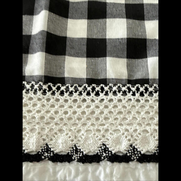 2 Buffalo Plaid Kitchen Curtains Valance Black White Check Crochet Trim 15x58”​ - Picture 2 of 5